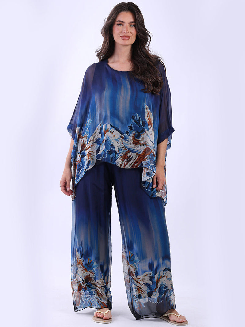 Floral Silk Top Navy