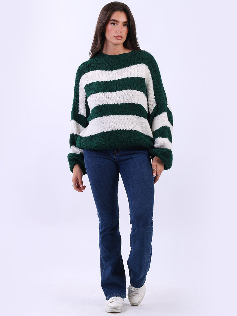 Stripy Wool Knitted Jumper Bottle Green