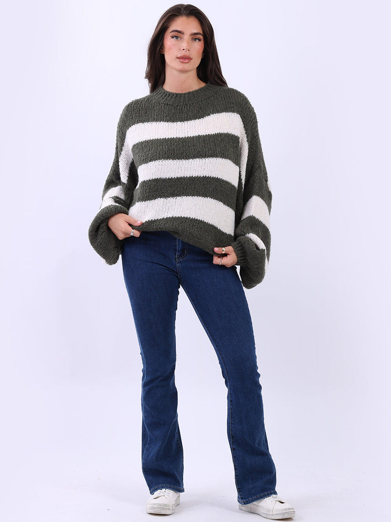 Stripy Wool Knitted Jumper Khaki