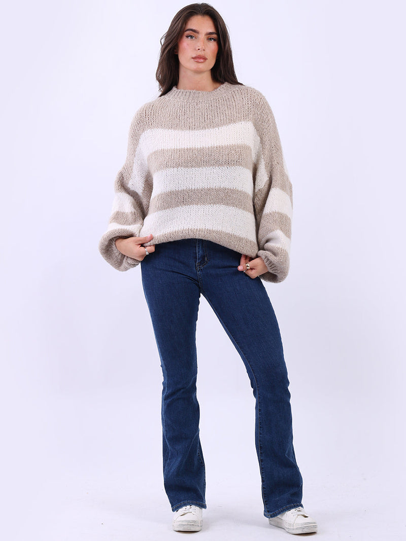 Stripy Wool Knitted Jumper Mocha