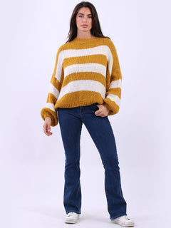 Stripy Wool Knitted Jumper Mustard