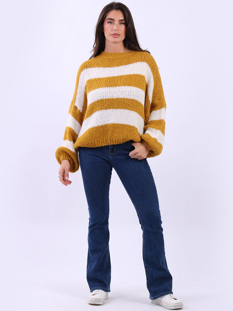 Stripy Wool Knitted Jumper Mustard
