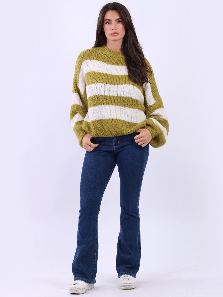 Stripy Wool Knitted Jumper Olive