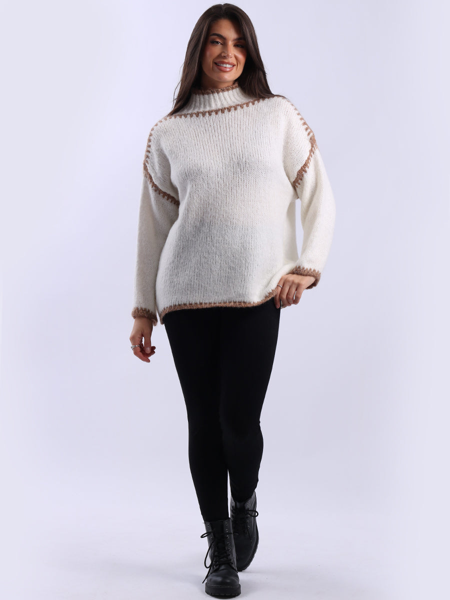 Whipstitch Woolen Knit Crop Jumper Beige