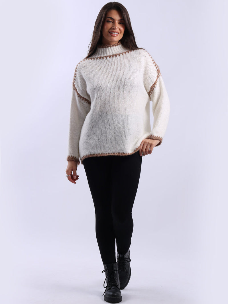 Whipstitch Woolen Knit Crop Jumper Beige