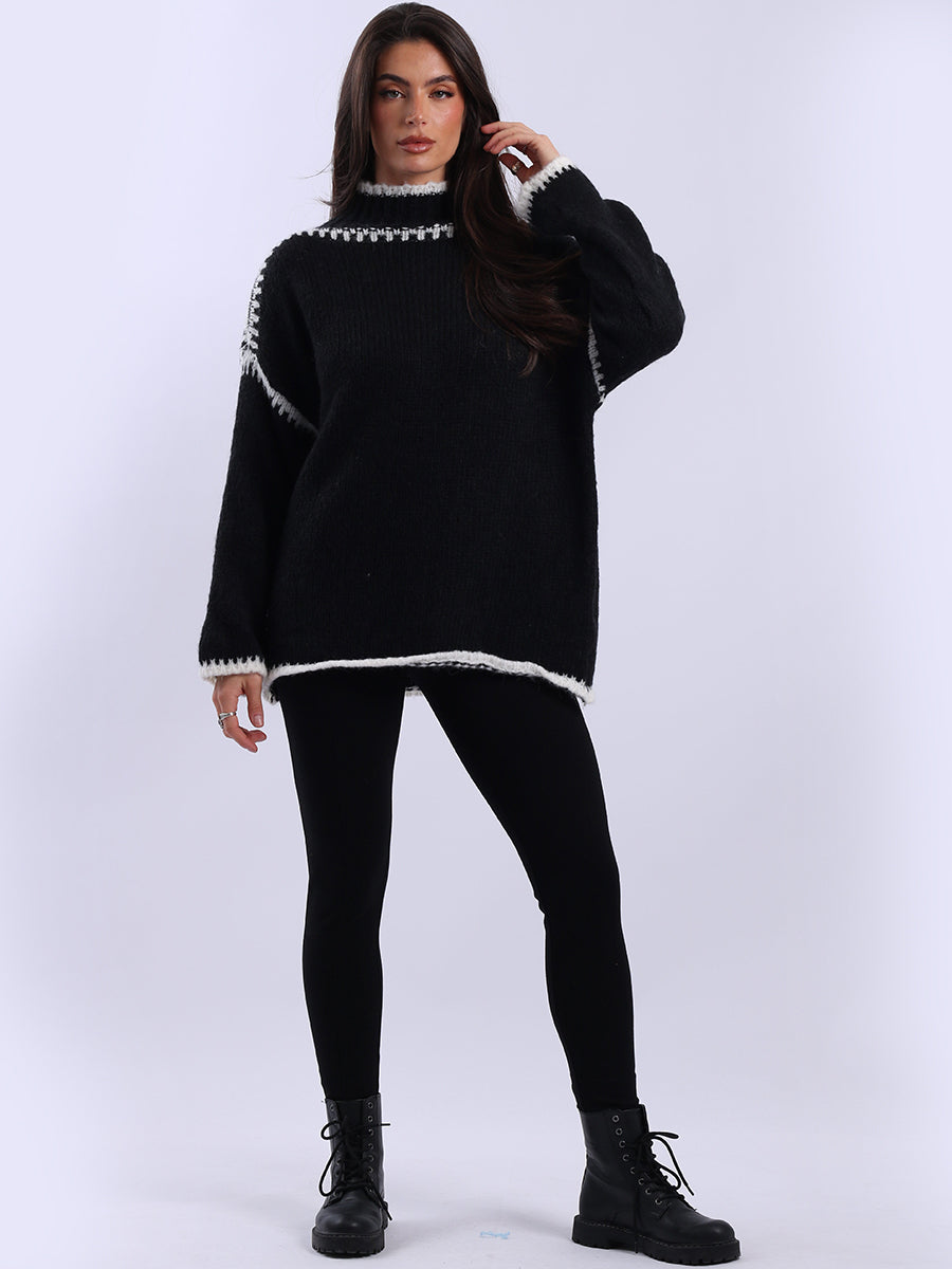 Whipstitch Woolen Knit Crop Jumper Black