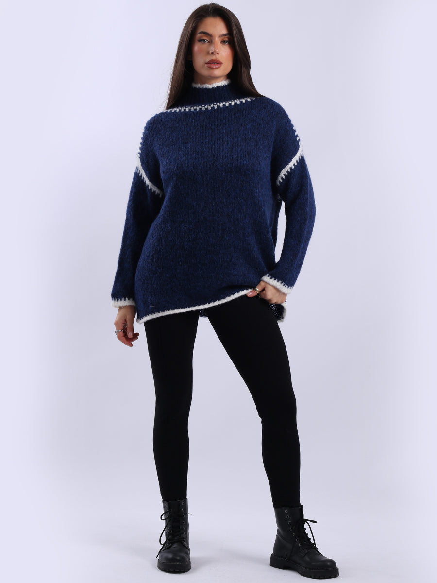 Whipstitch Woolen Knit Crop Jumper Navy