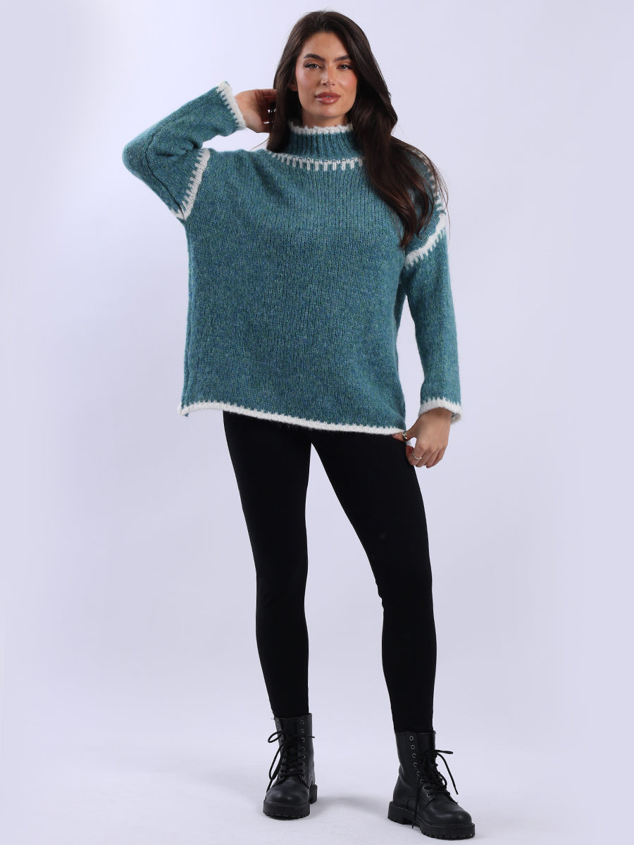 Whipstitch Woolen Knit Crop Jumper Teal