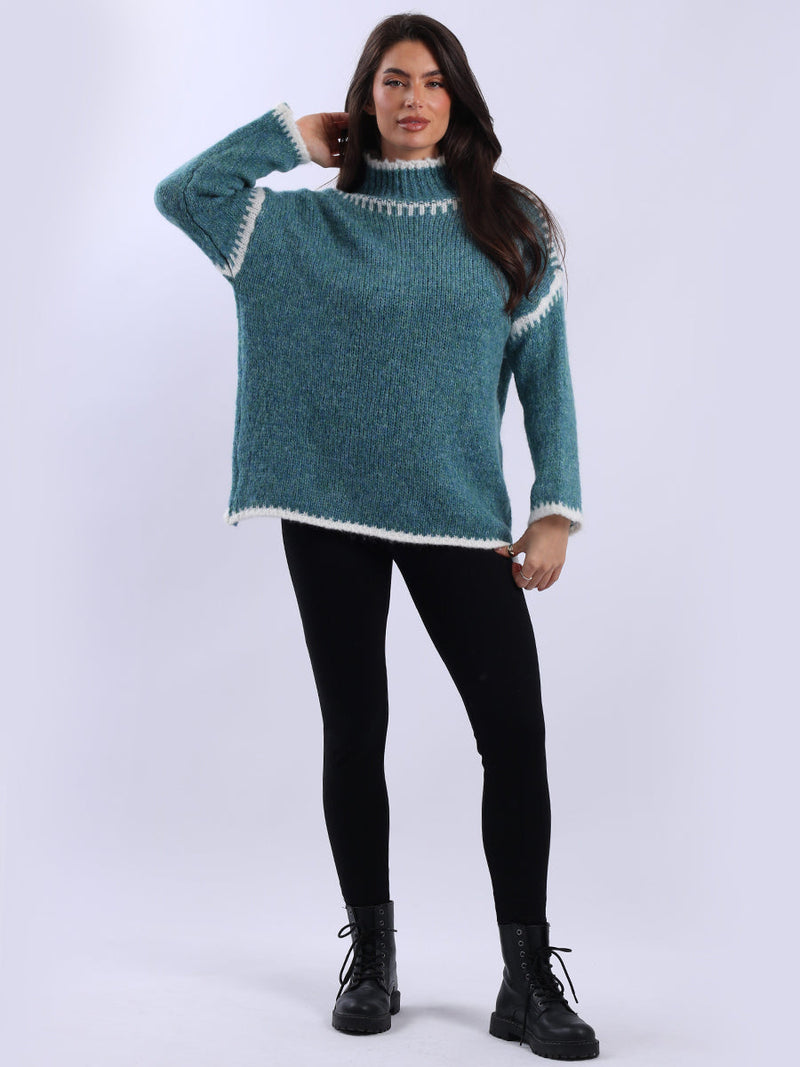 Whipstitch Woolen Knit Crop Jumper Teal