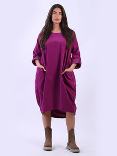 Plain Cotton Corduroy Dress Magenta