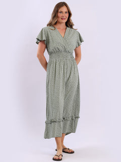 Smocked Floral Dress Khaki