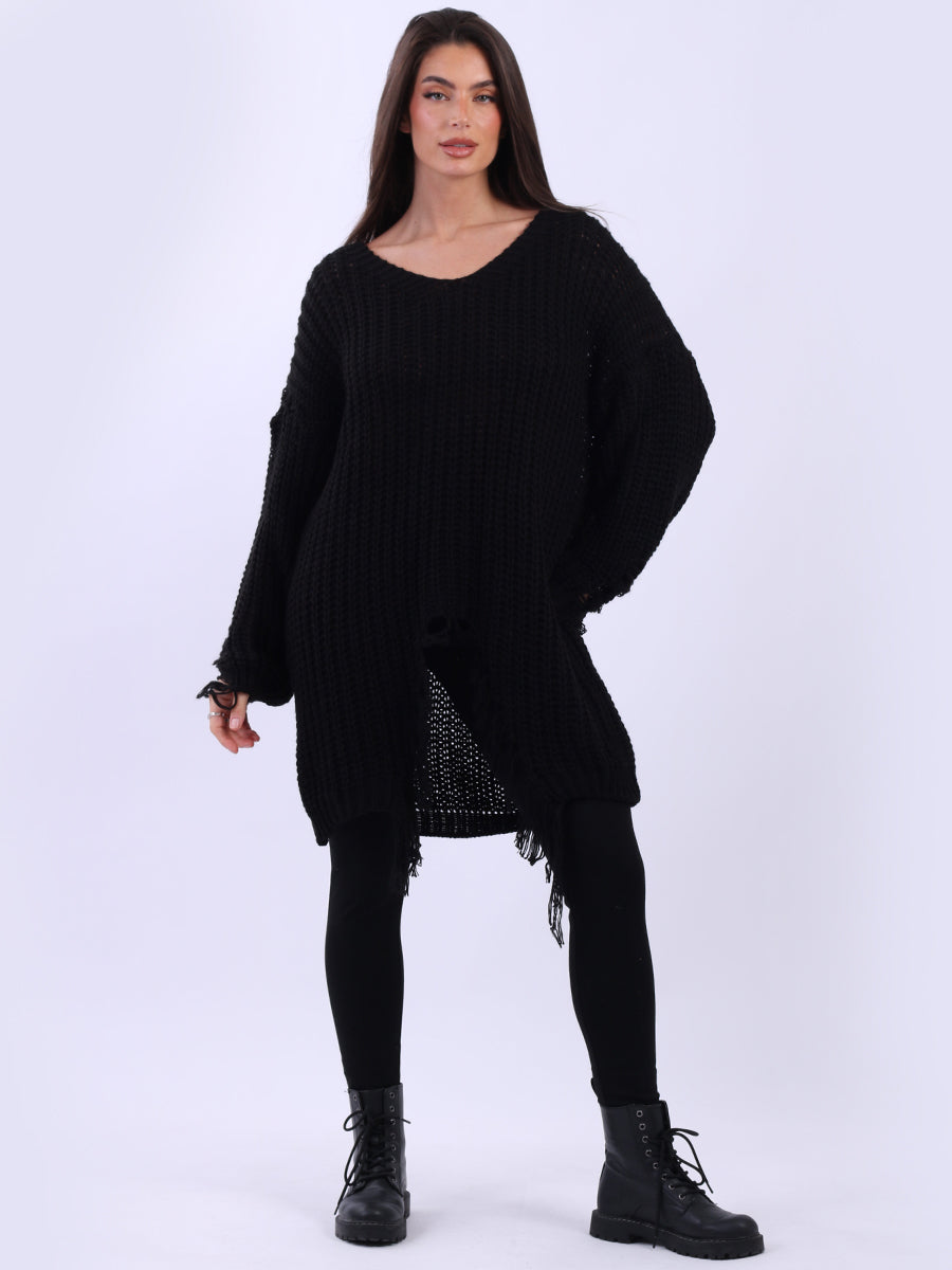 Solid Fringe Knit Long Jumper Black