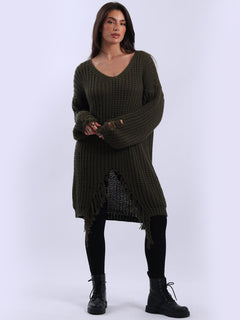 Solid Fringe Knit Long Jumper Khaki