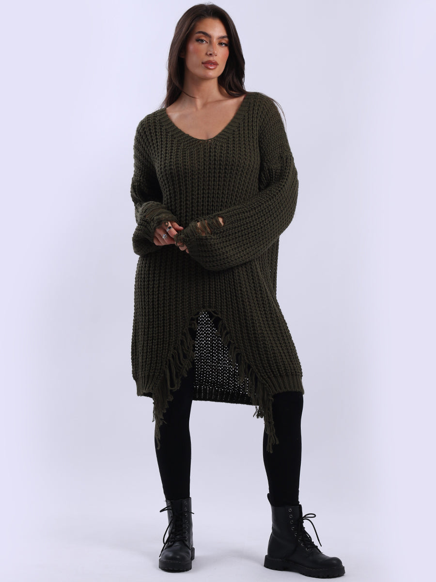 Solid Fringe Knit Long Jumper Khaki