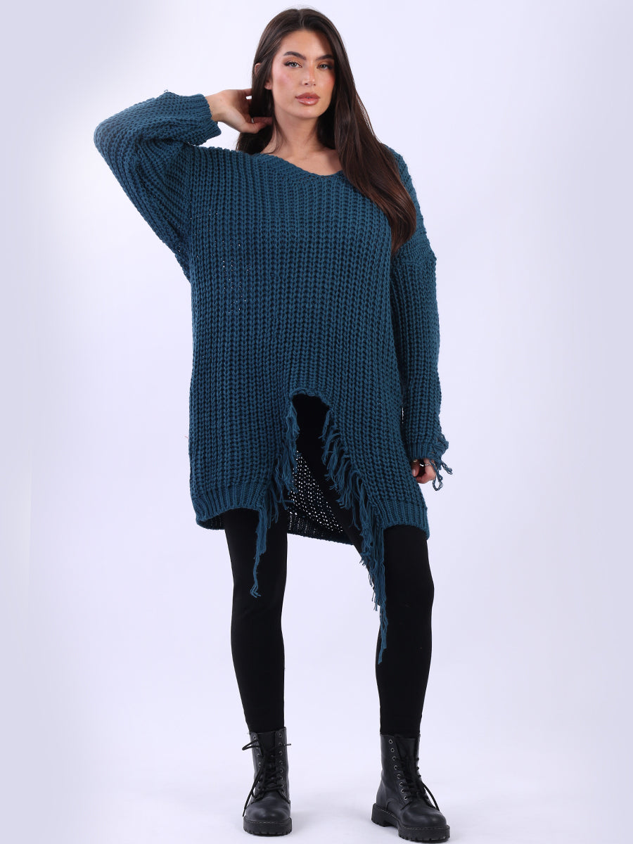Solid Fringe Knit Long Jumper Teal