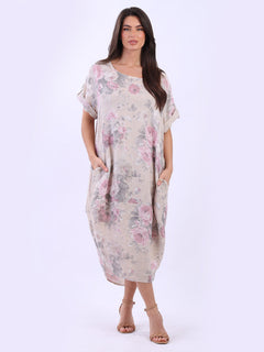 Oversized Floral Linen Midi Dress Beige