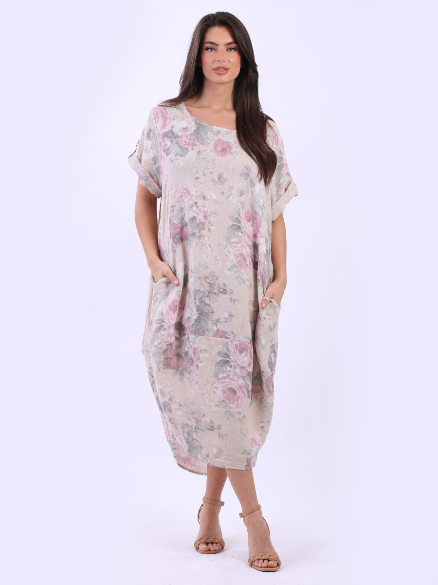 Oversized Floral Linen Midi Dress Beige