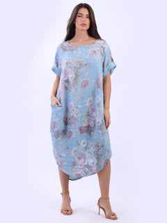 Oversized Floral Linen Midi Dress Denim