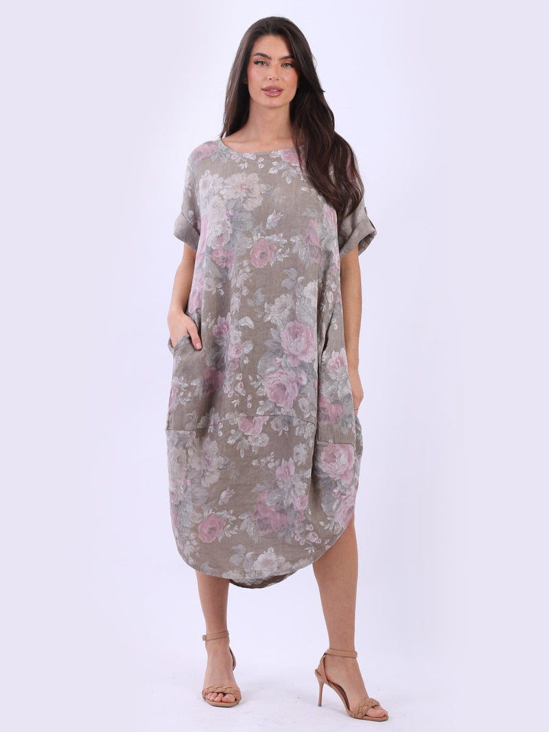 Oversized Floral Linen Midi Dress Mocha