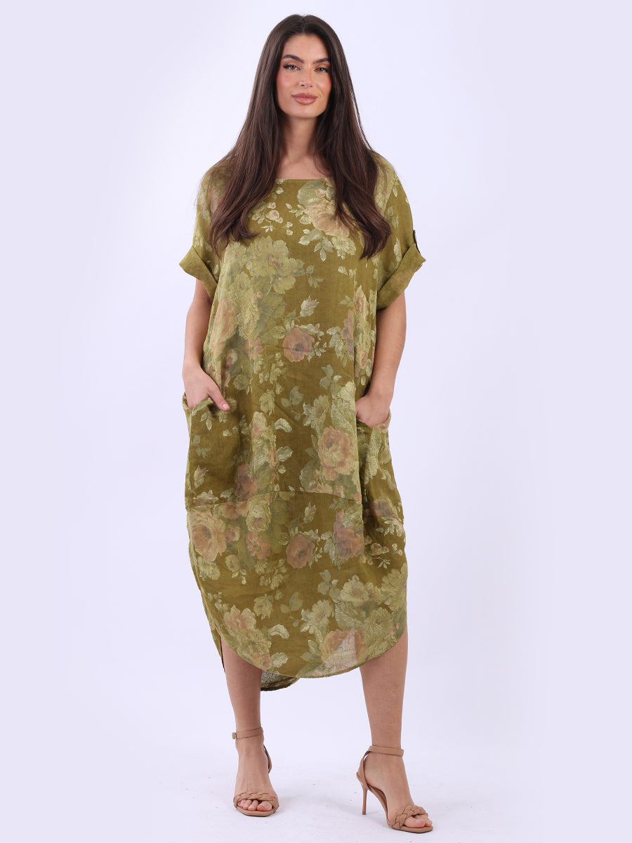 Oversized Floral Linen Midi Dress Olive