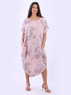 Oversized Floral Linen Midi Dress Pink