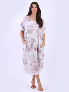Oversized Floral Linen Midi Dress White