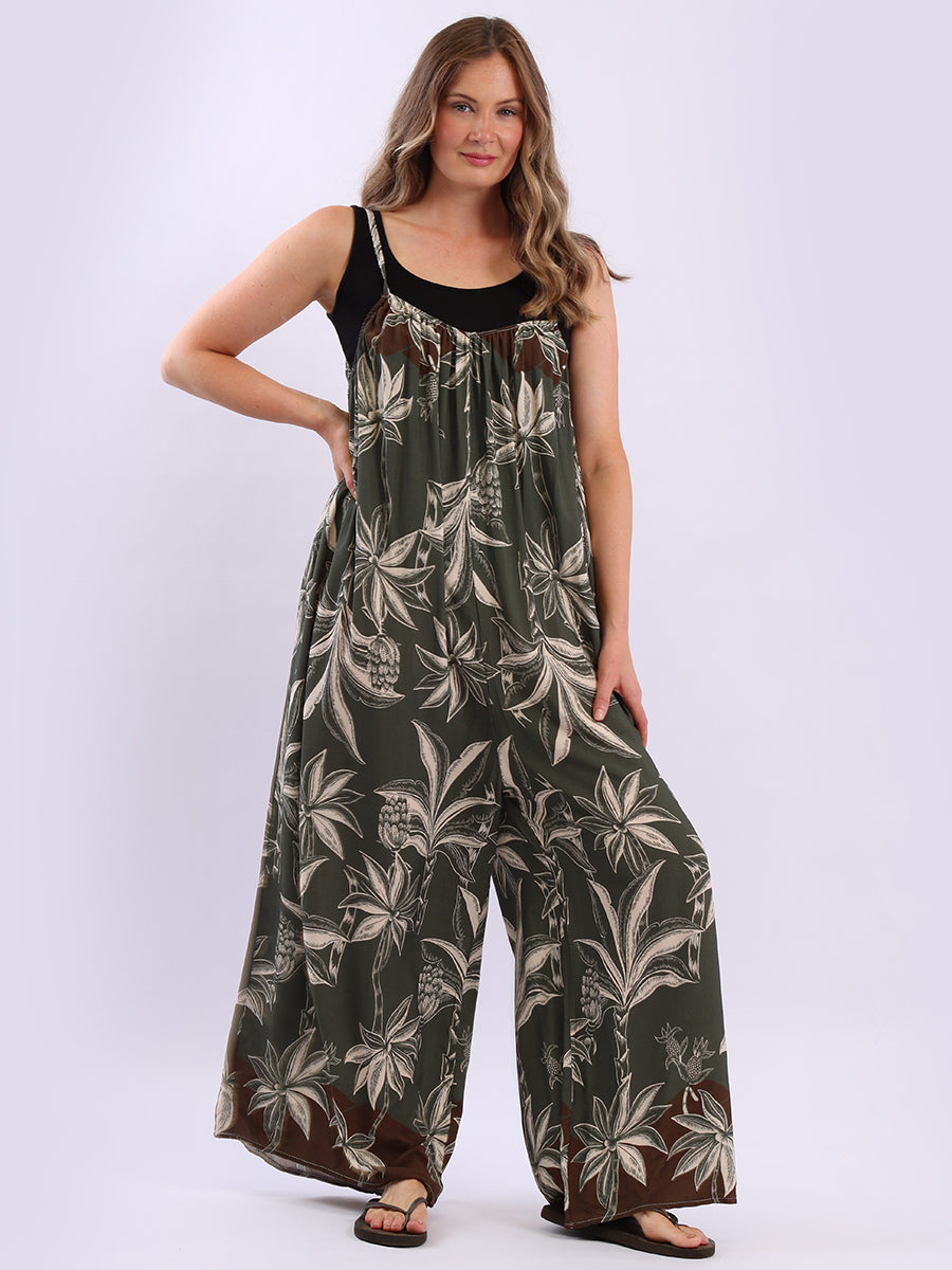 Floral Oversized Cotton Jumpsuit Khaki