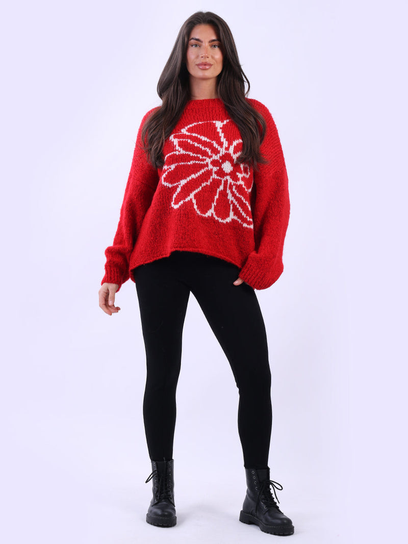 Floral Knit Wooly Jumper red