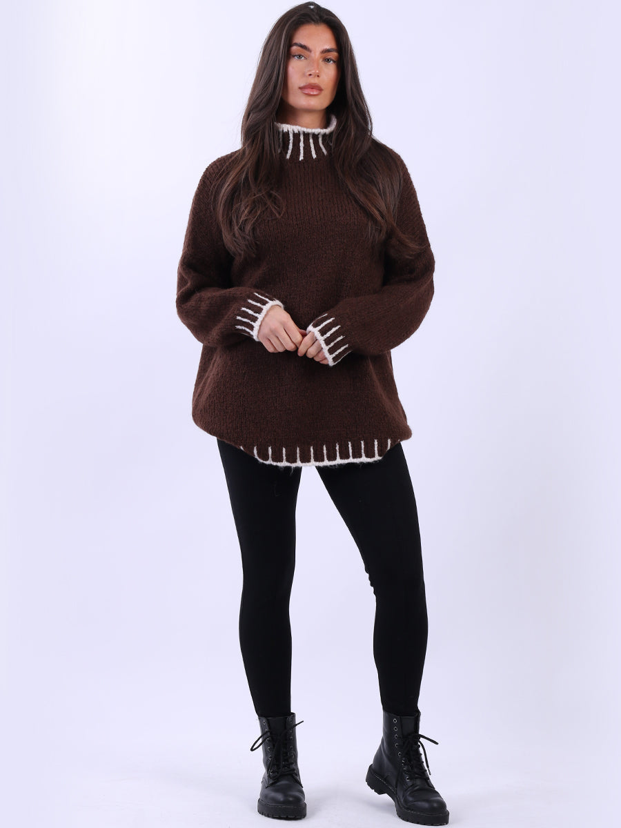 Blanket Stitch Knitted Jumper Chocolate