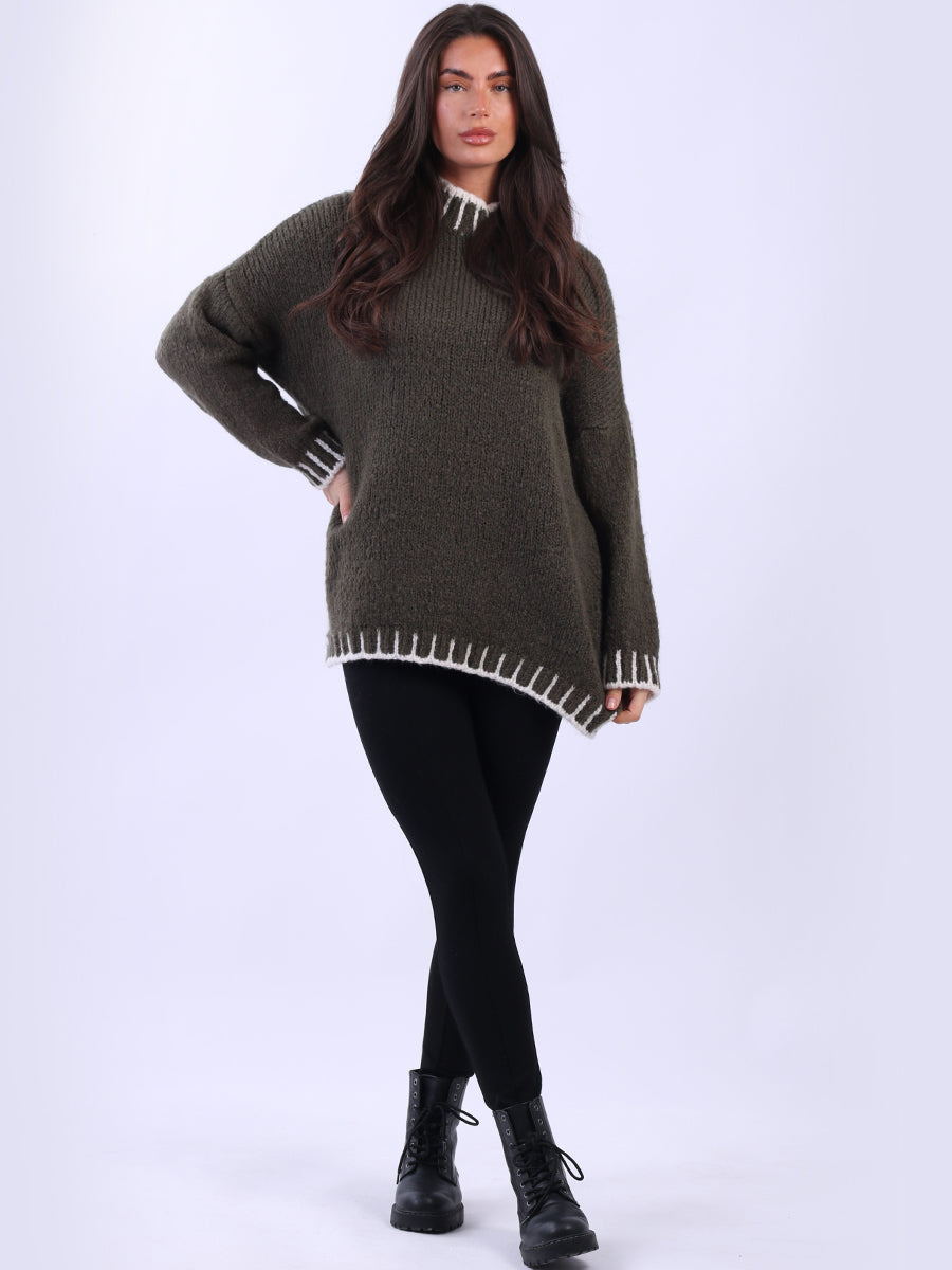 Blanket Stitch Knitted Jumper Khaki