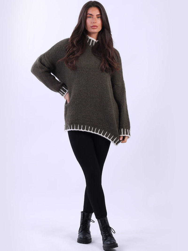 Blanket Stitch Knitted Jumper Khaki