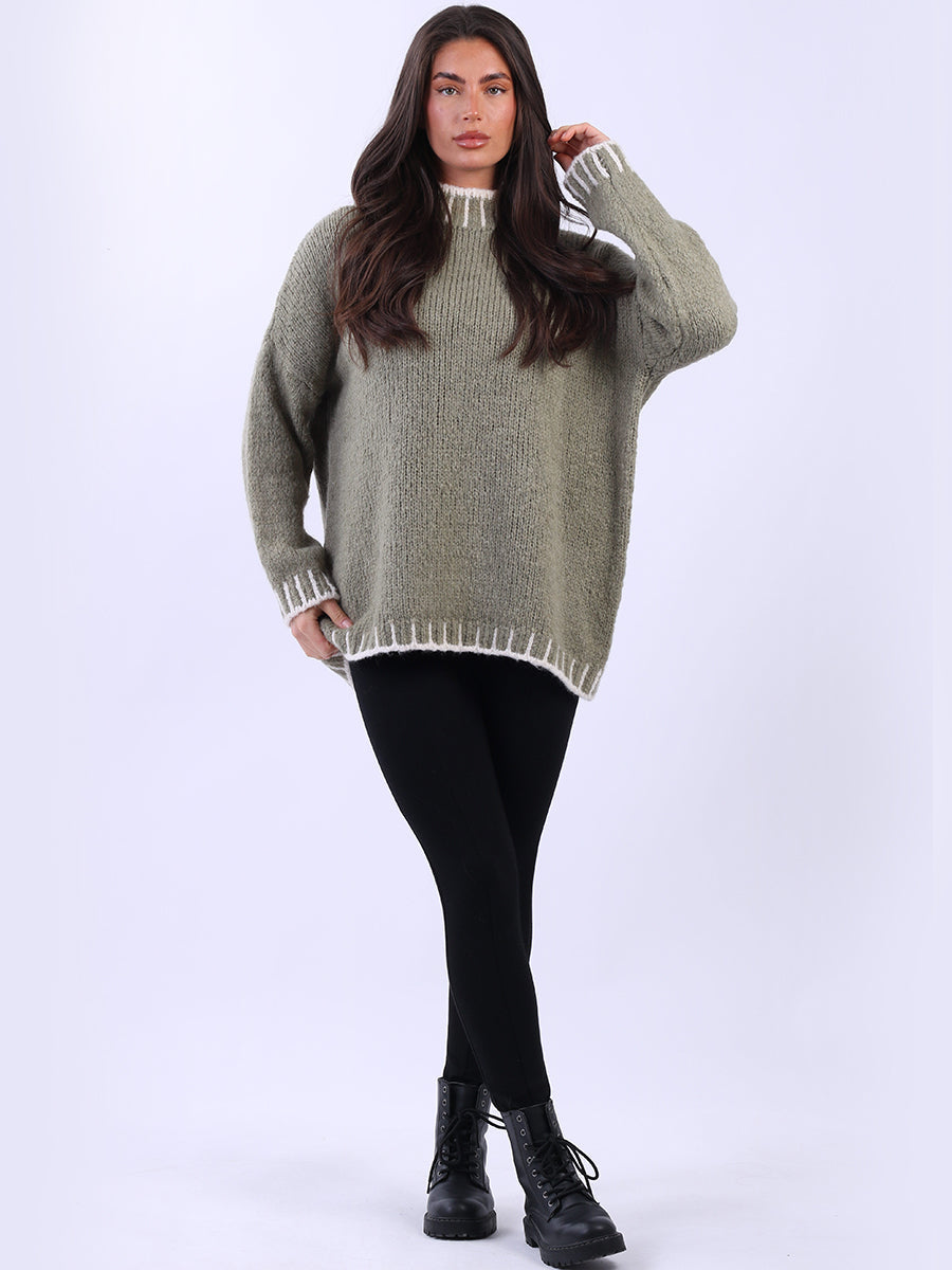 Blanket Stitch Knitted Jumper Light Khaki
