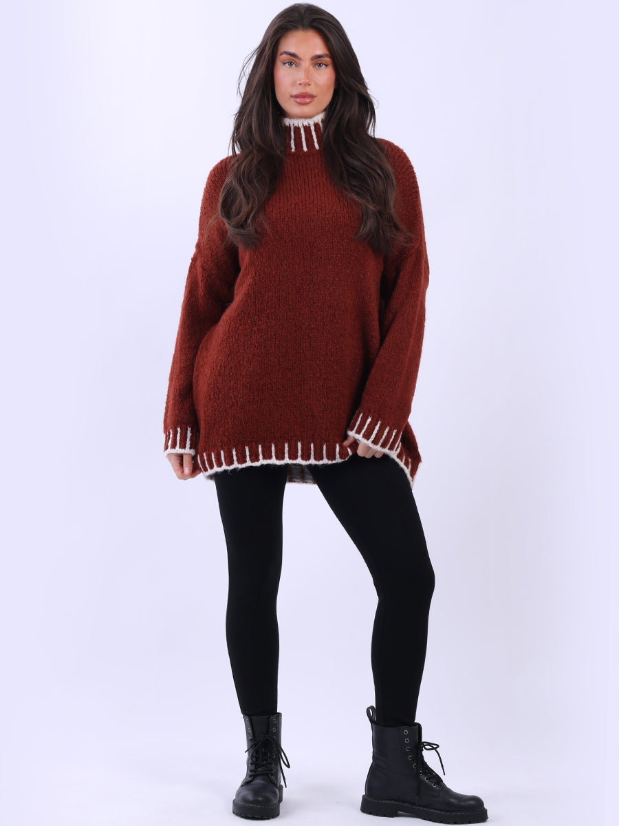 Blanket Stitch Knitted Jumper Rust