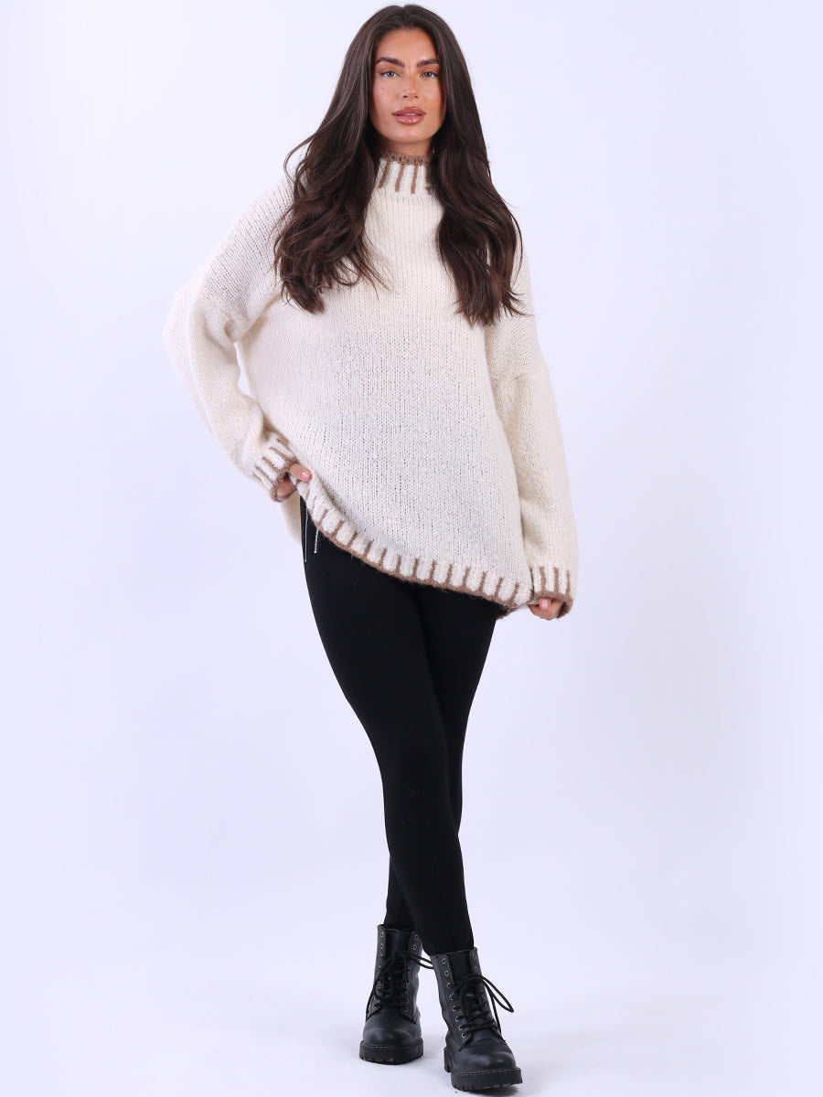 Blanket Stitch Knitted Jumper Beige