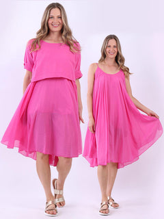 Pleated Cotton Lagenlook Dress Fuchsia