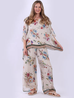 Floral Batwing Silk Top Beige