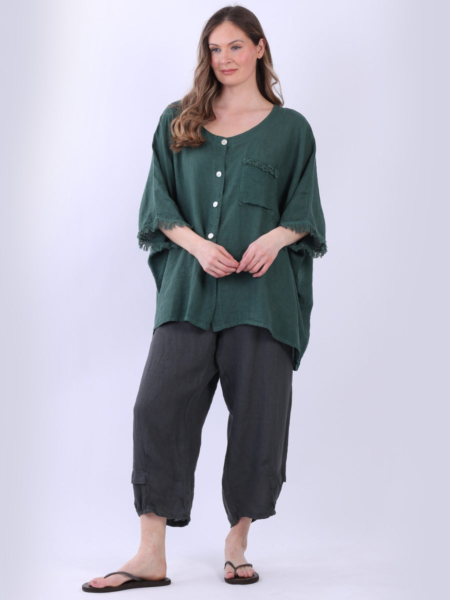 Button Down Linen Top Bottle Green