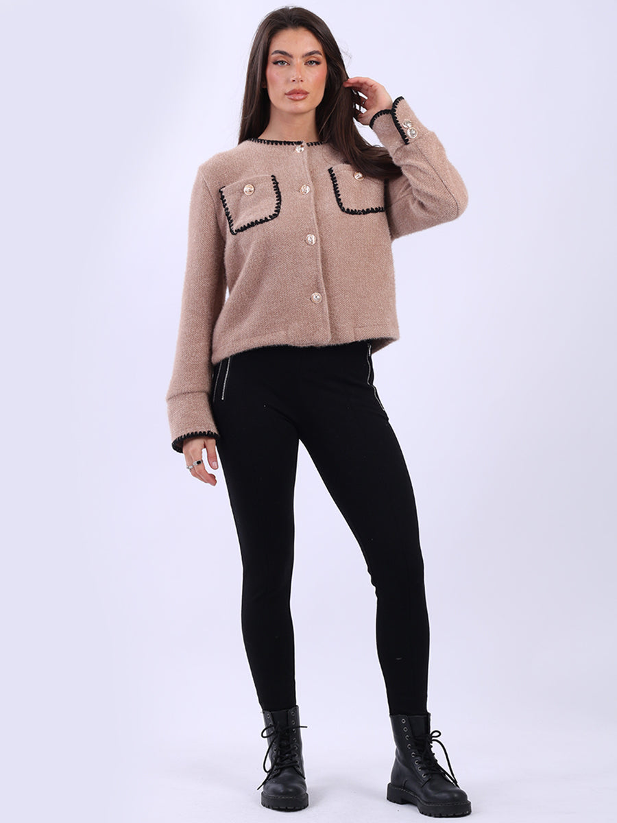 Whipstitch Button Down Crop Jacket Mocha