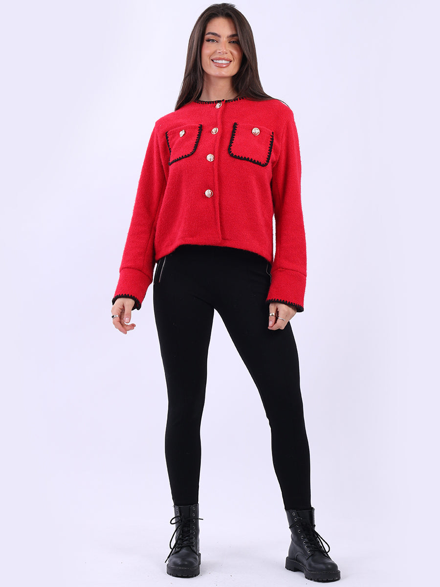Whipstitch Button Down Crop Jacket Red