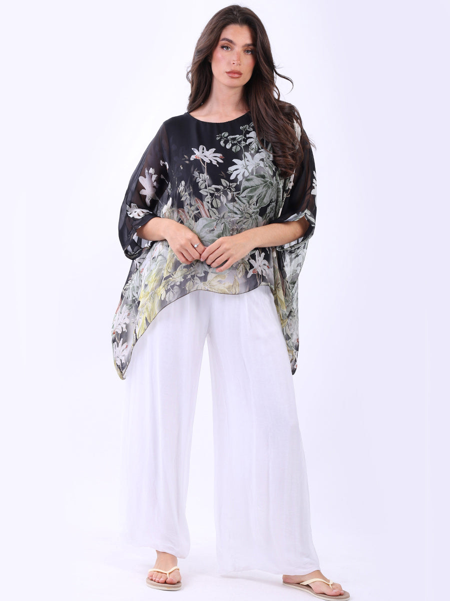 Batwing Floral Silk Top Black