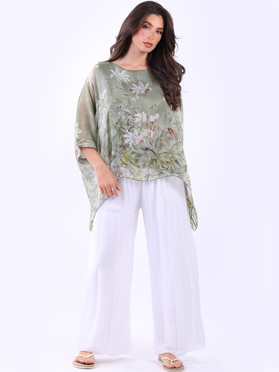Batwing Floral Silk Top Khaki