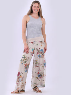 Women Floral Silk Pant Beige