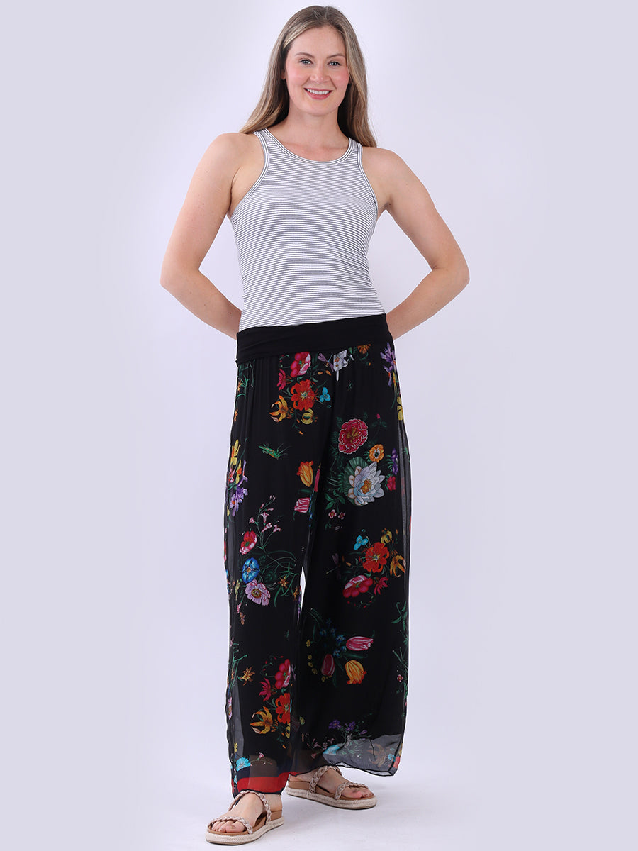 Women Floral Silk Pant Black