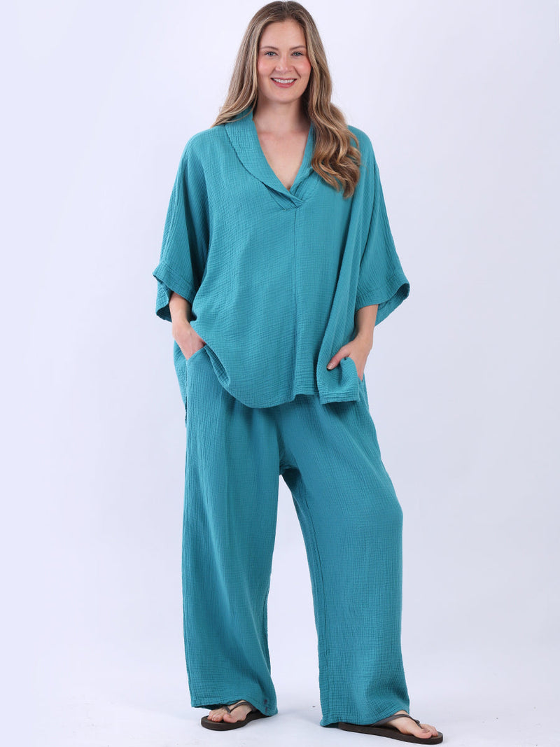 Plain Cotton Batwing Tunic Azure