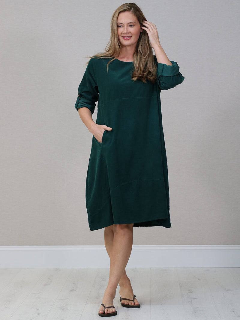 Solid Corduroy Cotton Midi Dress Bottle Green