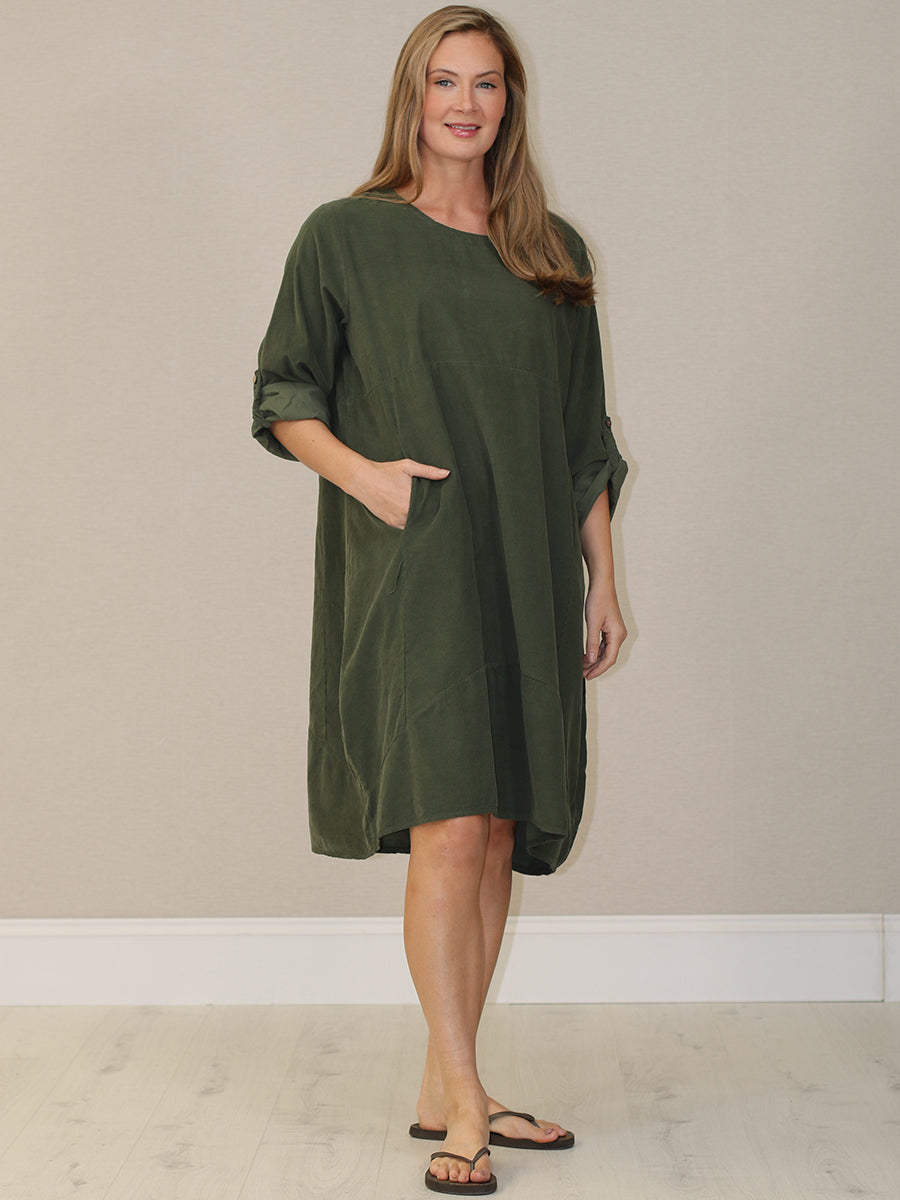 Solid Corduroy Cotton Midi Dress Khaki