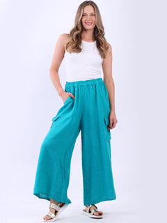 Plain Wide Leg Linen Palazzo Aqua