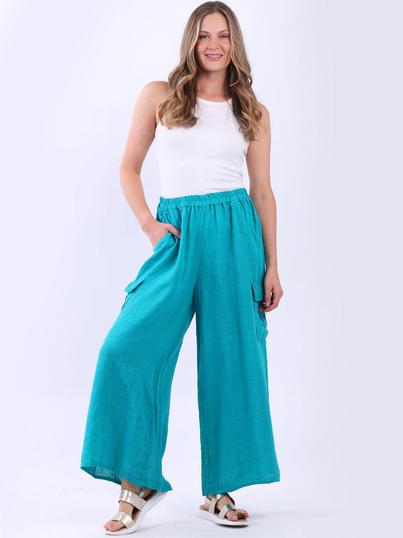 Plain Wide Leg Linen Palazzo Aqua