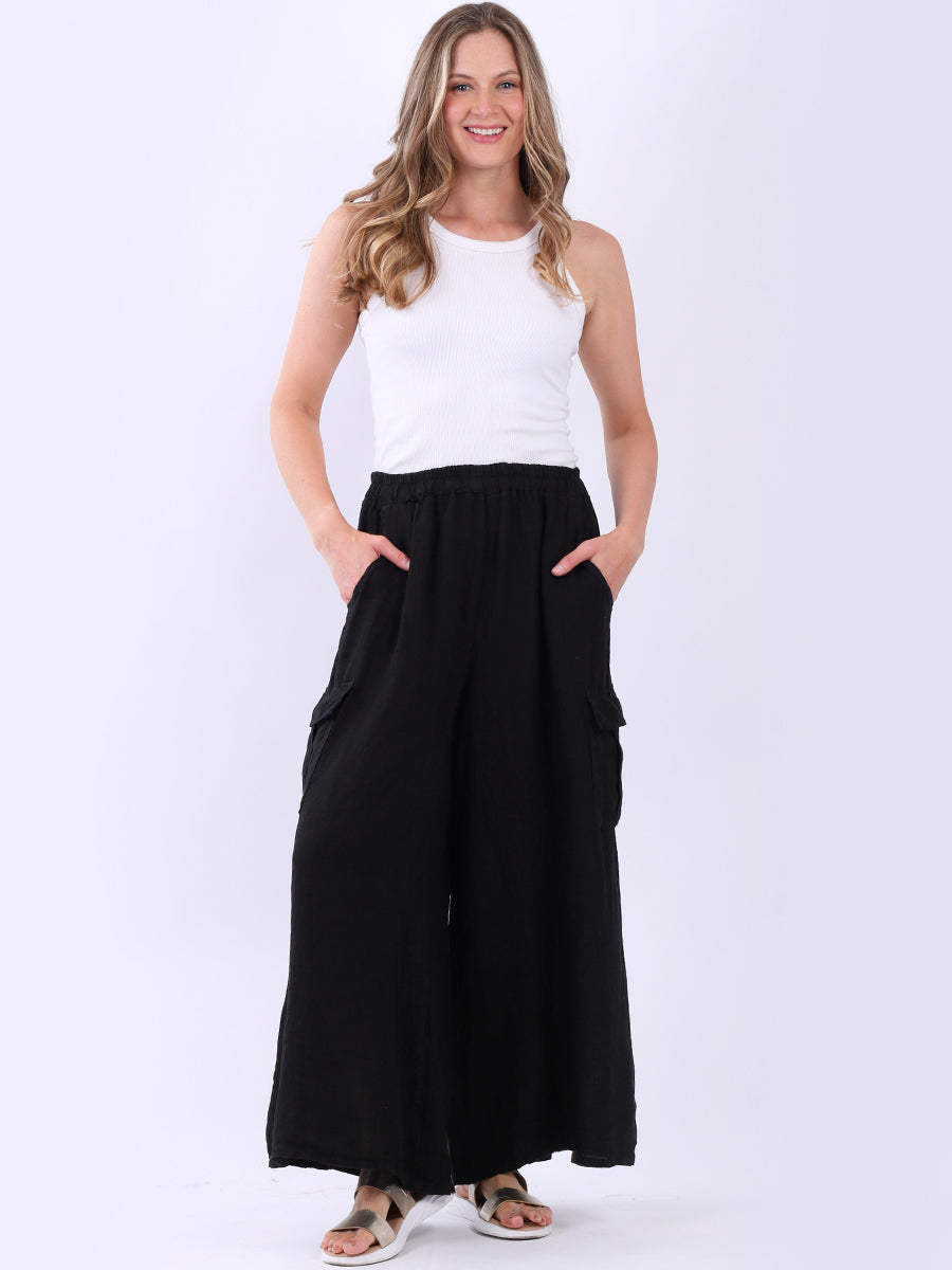 Plain Wide Leg Linen Palazzo Black