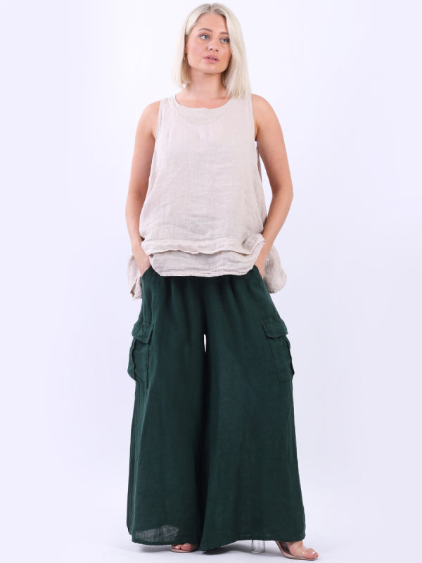 Plain Wide Leg Linen Palazzo Bottle Green